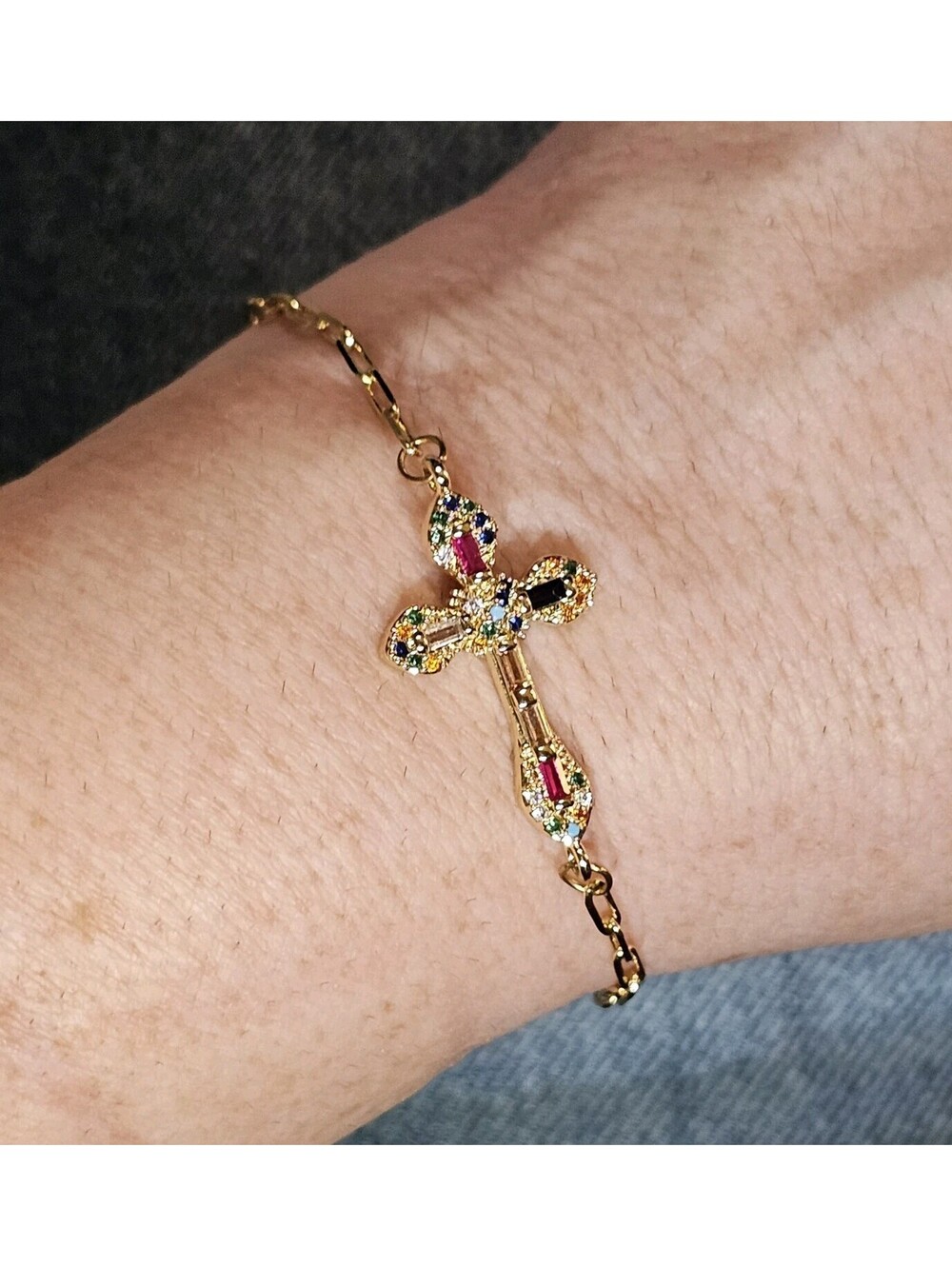 Multicolor CZ Cross Bracelet Gold-plated Adjustable Bolo Paperclip NWT
